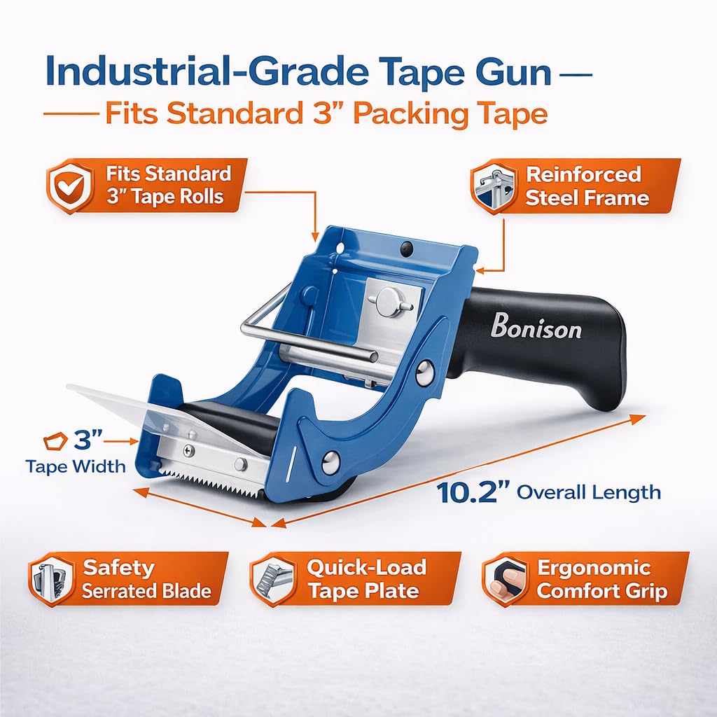 Professional 3-Inch Tape Gun Dispenser, 2-Pack Heavy-Duty Packing Tape Dispenser for Shipping Boxes, Quick Reload, Works with Standard & Thick Tape, Ergonomic Handle for Warehouse, Moving & Office