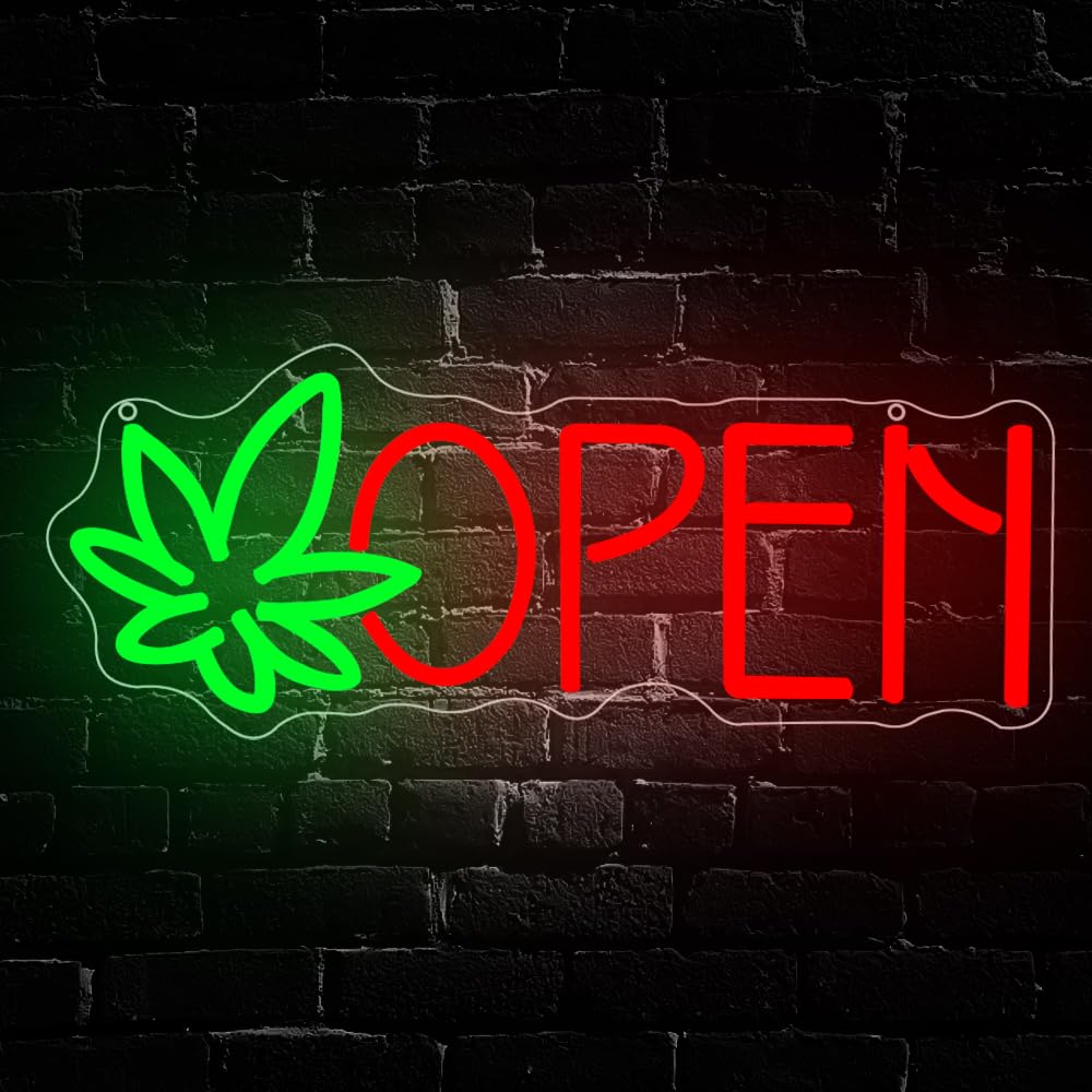 Green Leaf Neon Sign, Open Led Neon Light Signs for Wall Decor LED Light up Sign for Bar Home Beer Bar Pub Night Club Party Hotel Birthday Man Cave Club Pub Party Decor Gift USB Powered(16.2"*6.3")