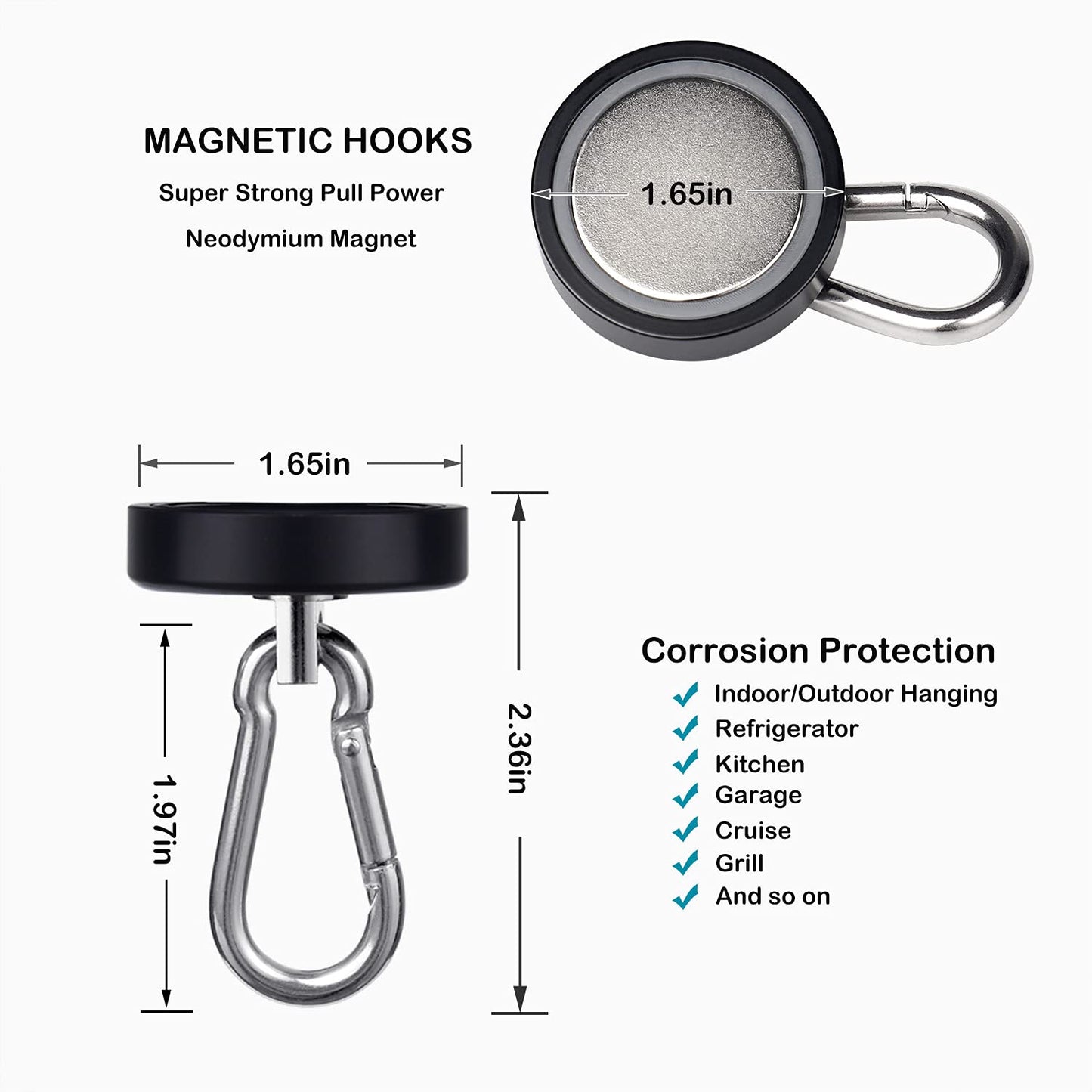 WELLZEER Magnetic Hooks 170lbs Heavy Duty Black Magnet Hooks with Swiveling Carabiner for Hanging Refrigerator Strong Large Neodymium Magnet (170LBS-2PACK-BLACK)