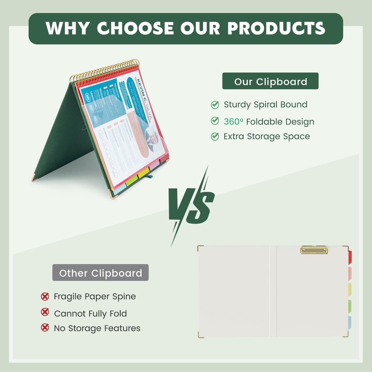 EYROZILL Clipboard with Storage, Clipboards for Letter Size, Clip Board with 5 Folders and 10 Pockets, Spiral Cute Clipboard for Office School Nursing, 8.5'' x 11'' (Linen Green, Letter Size)