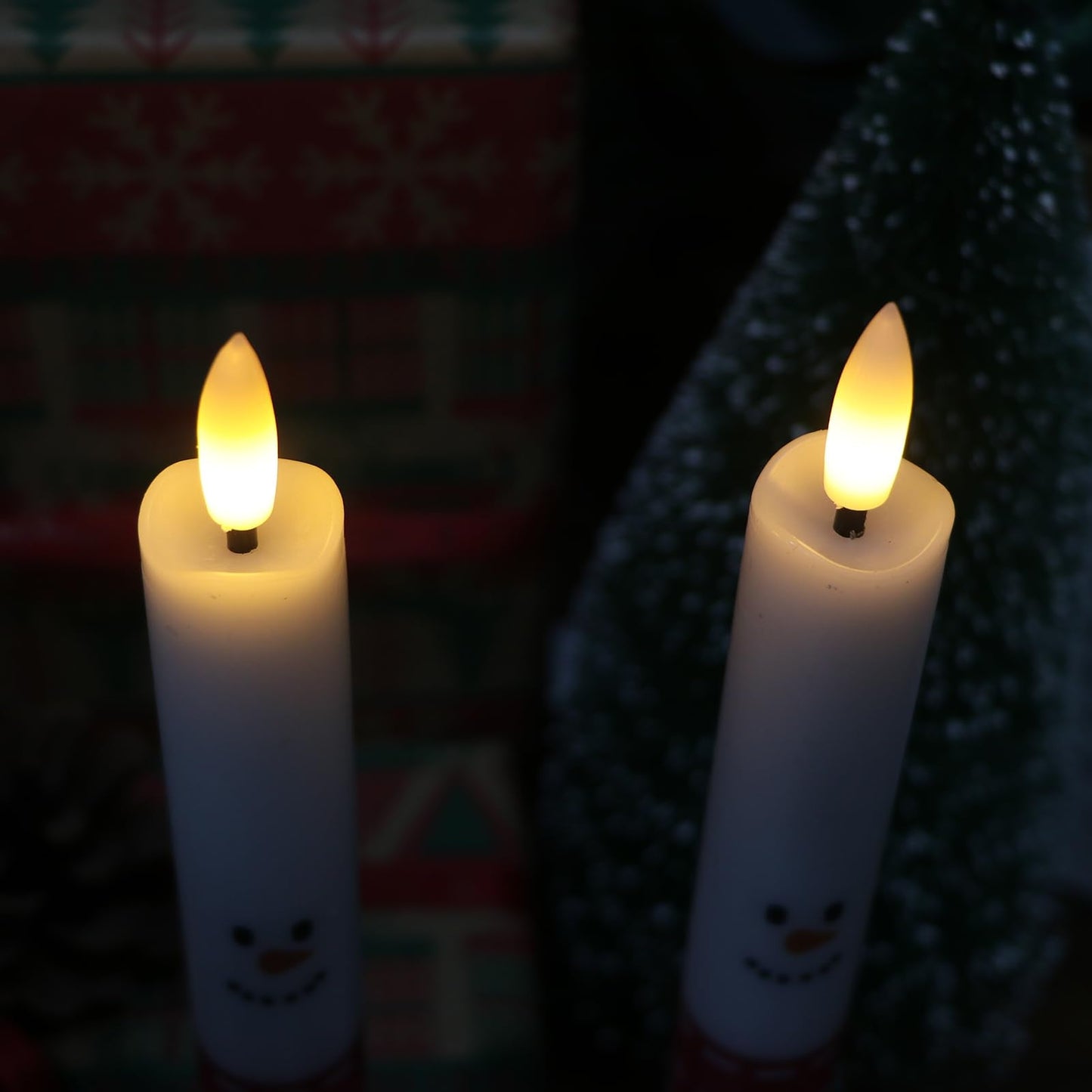Lasumora Christmas Flameless Taper Candles with Remote Timer, 2 Pcs Snowman with Scarf LED Candlesticks with 3D Flickering Flame for Home Décor Christmas Gifts