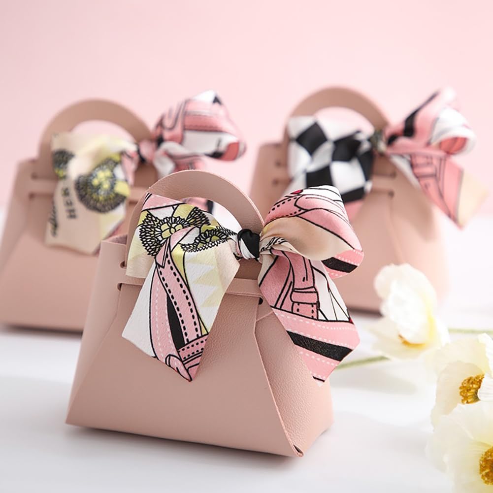 LXKBD 24 Pack PU Leather Gift Bags,Small Party Favors Candy Boxes with Ribbon for Wedding Bridal Shower Baptism Baby Shower Birthday Decoration, Reusable Purse Gift Wrapping Treat Bag