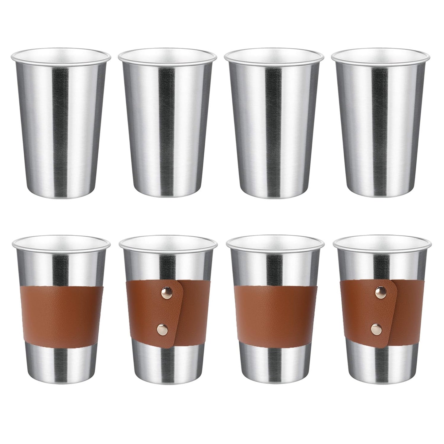 8 Pack 20oz Pint Cups with 4 Cup Sleeves, Stainless Steel Cups, Stackable Metal Cup Tumbler, Premium Metal Drinking Glasses for Cold Drinks, Chilling Beer Glasses for Party Camping (8 PCS, Silver)