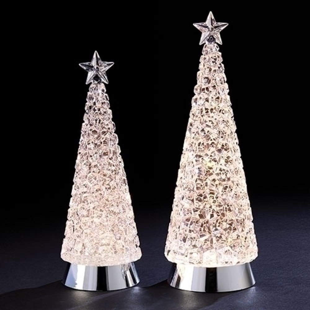 Roman, Set of 2 Lighted Swirl Clear Christmas Trees, Confetti Lite Tabletop Decorations, Holiday Décor, USB Powered, Swirling Glitter Effect, 8.25” & 9.25” Sizes