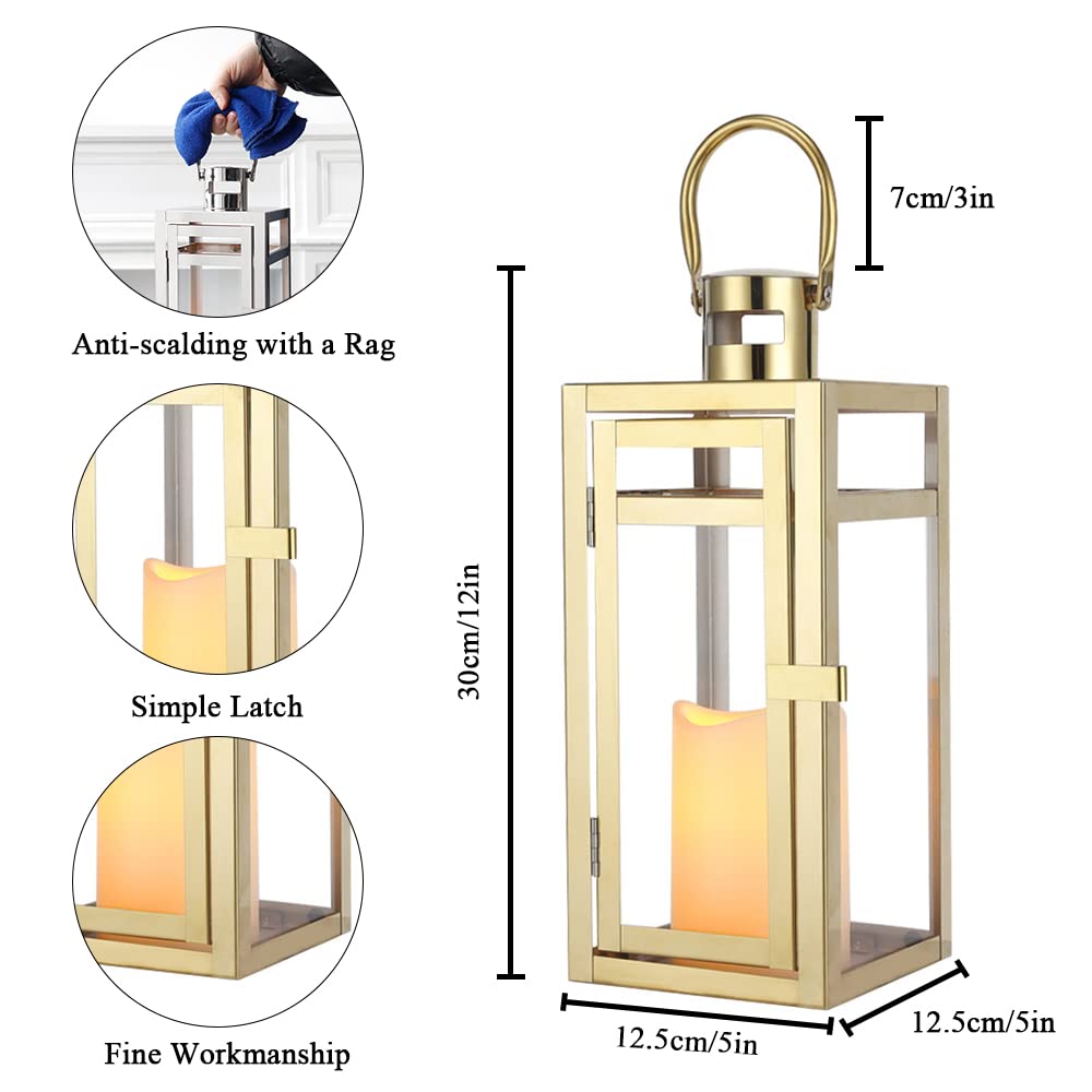 TRIROCKS Stainless Steel Decorative Lantern 12'' High Metal Candle Holder Outdoor Candle Lantern with Tempered Panels for Christmas Home Decor Living Room Parties Events Tabletop Indoor Outdoor (Gold)
