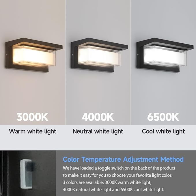 Outdoor Modern Wall Sconce Lights,15%-100% Dimmable Indoor Wall Light Fixtures,3000K/4000K/6500K Adjustable,24W Exterior Wall Lighting,Waterproof Outdoor Porch Light,2160LM Indoor Wall Sconce 1 Pack