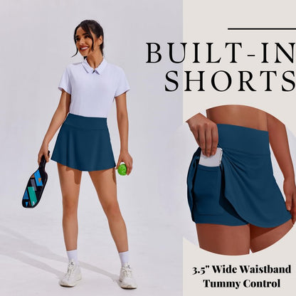 PINSPARK Tennis Skirts for Women Workout Golf Skorts Pleated High Waisted Athletic Skirt with Pockets,Dark Blue Medium