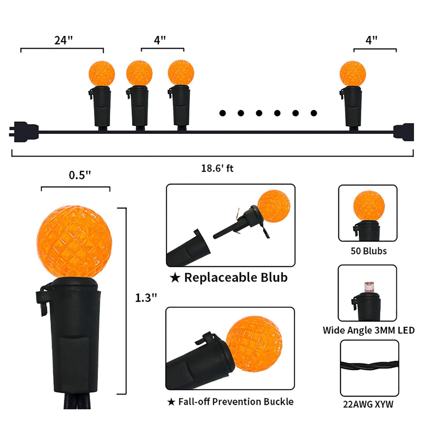 18.6Ft 50 LED Orange Halloween Lights G12 Mini Globe Ball String Lights for Small Tree Crafts Holiday Indoor/Outdoor Christmas Thanksgiving Day Halloween Decorations, UL Certified, Connectable, Orange