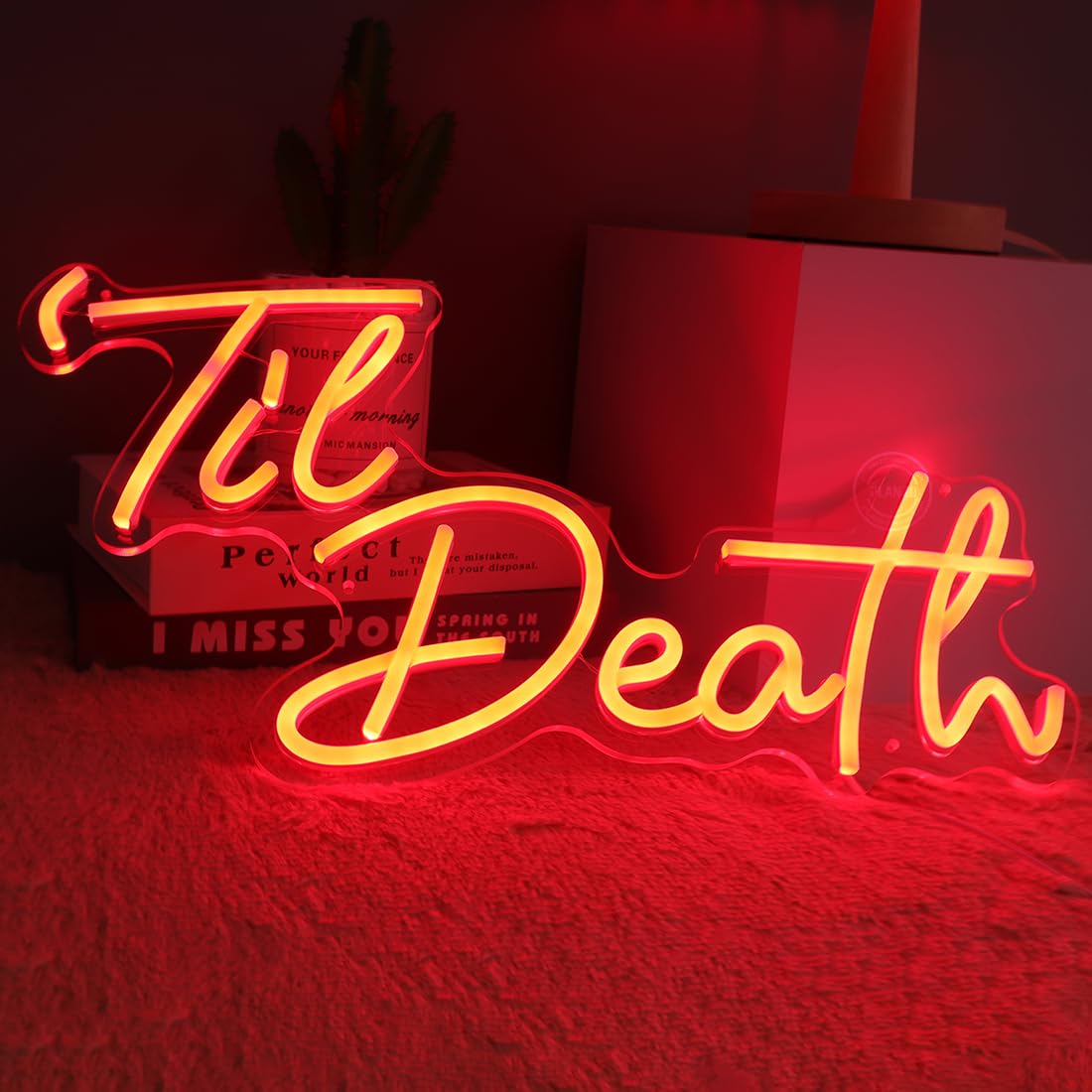 Planzo Til Death Neon Light Sign for Halloween Gothic Wedding Party Engagement Bridal Shower Banner Bedroom Wall Decor Light 5V USB Powered with Dimmer Switch 17IN Red
