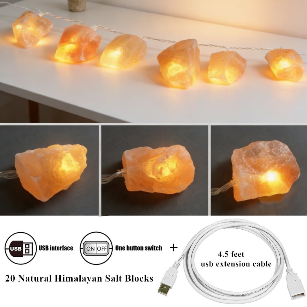 Himalayan Salt Light String for Bedroom with 20 Rock,11.5ft USB Powered String Fairy Lights Night Salt Lamp,Natural Salt Rock,Handmade Ambient Light for Office Home Wedding Party Christmas Decorations