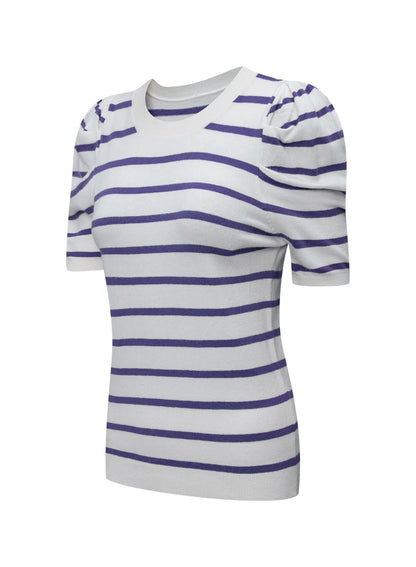 Dokotoo Women's Short Puff Sleeve Knit Tops 2025 Trendy Crewneck Striped T Shirts Casual Summer Blouses