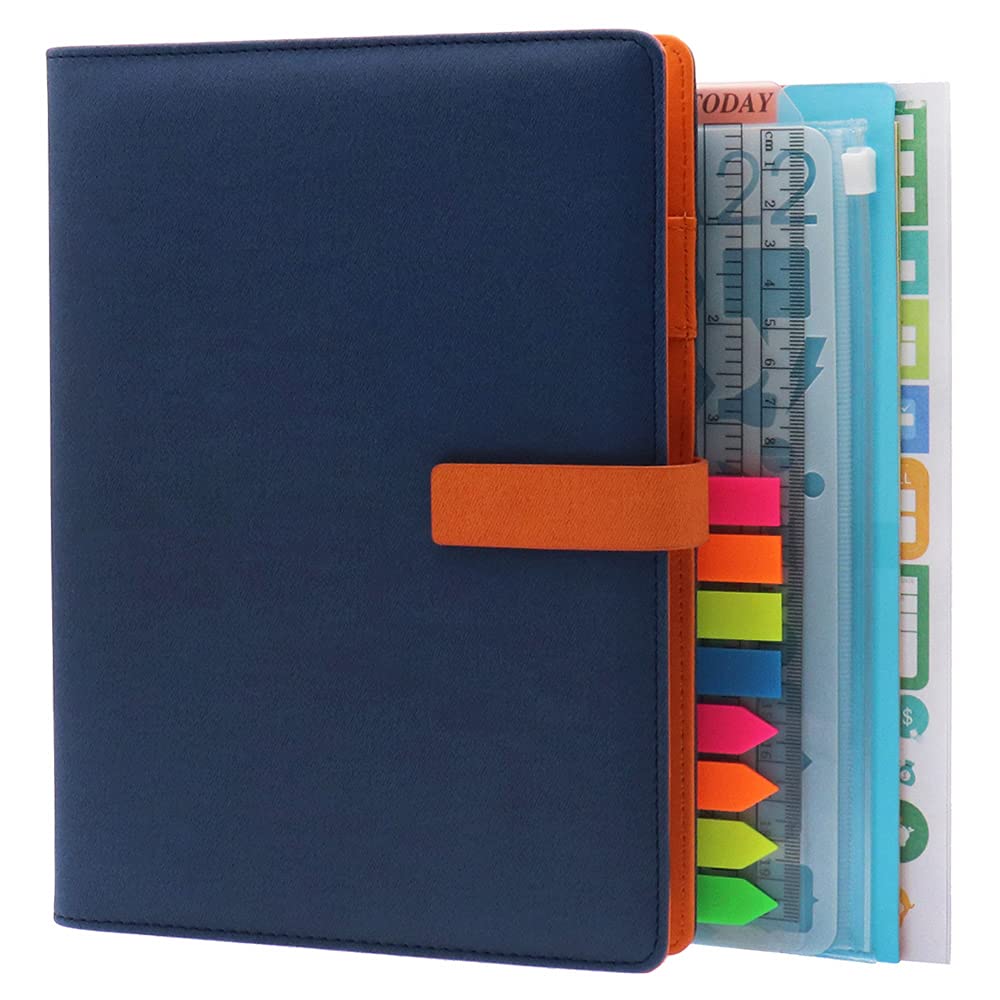 HXRTANGS A5 Refillable Notebook, Ring Binder Journal Personal Organizer with Lined Paper + Planner Stickers + Subject Dividers + Index Tabs + Bookmark Ruler + Zip Bag + Stencil, Navy Blue
