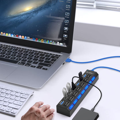 Multi Port Splitter, 7 Port USB 2.0 Hub, USB A Port Data Hub with Independent On/Off Switch and LED Indicators, Lights for Laptop, PC, Computer, Mobile HDD, Flash Drive and More (Black 2.0)