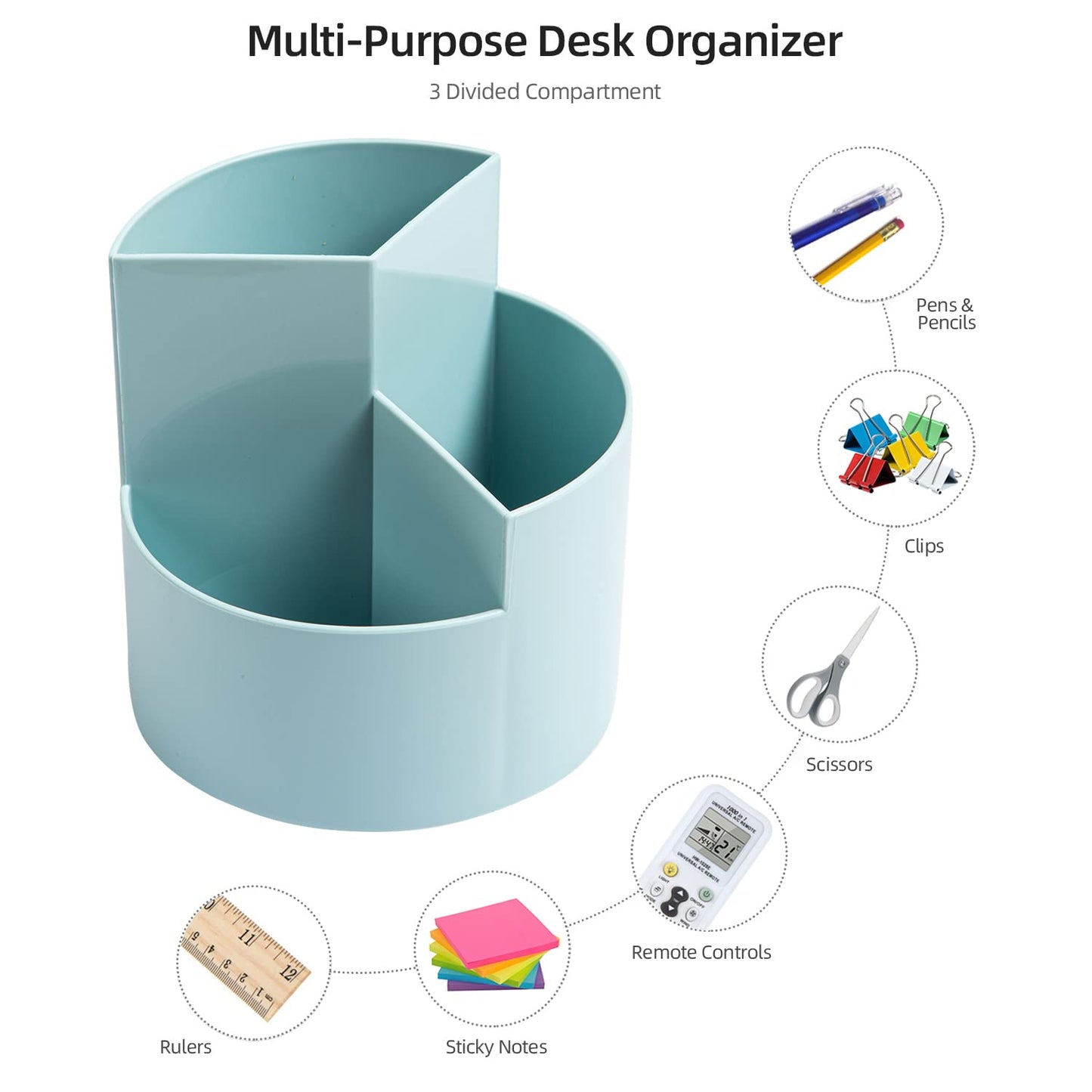 EDENMS Desk Pencil Pen Holder, 3-Slot 360 Spinning Desk Organizer, Cute Pencil Cup Pot for Office, School, Art Supply - Blue