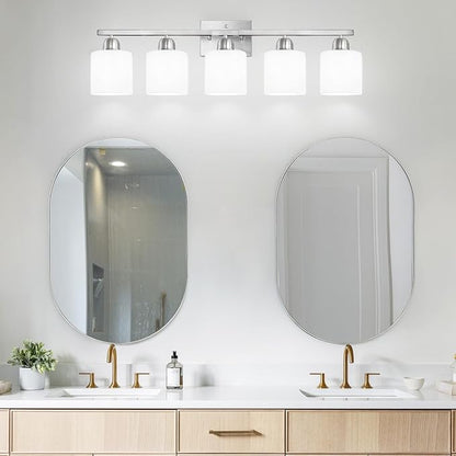 5 Light Bathroom Light Fixtures Brushed Nickel, Bathroom Vanity Light with Milky White Frosted Glass Shade, Vanity Lights for Mirror Bedroom Living Room E26 Base