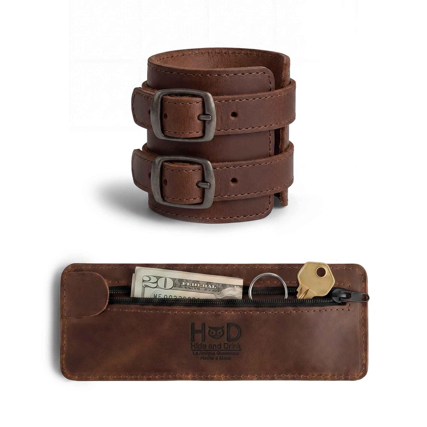 Hide & Drink, Stylish Wrist Wallet Cuff XL, Wristband with Secret Pouch, Cash Holder, Money Organizer, Full Grain Leather, Handmade, Bourbon Brown