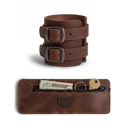 Hide & Drink, Stylish Wrist Wallet Cuff XL, Wristband with Secret Pouch, Cash Holder, Money Organizer, Full Grain Leather, Handmade, Bourbon Brown