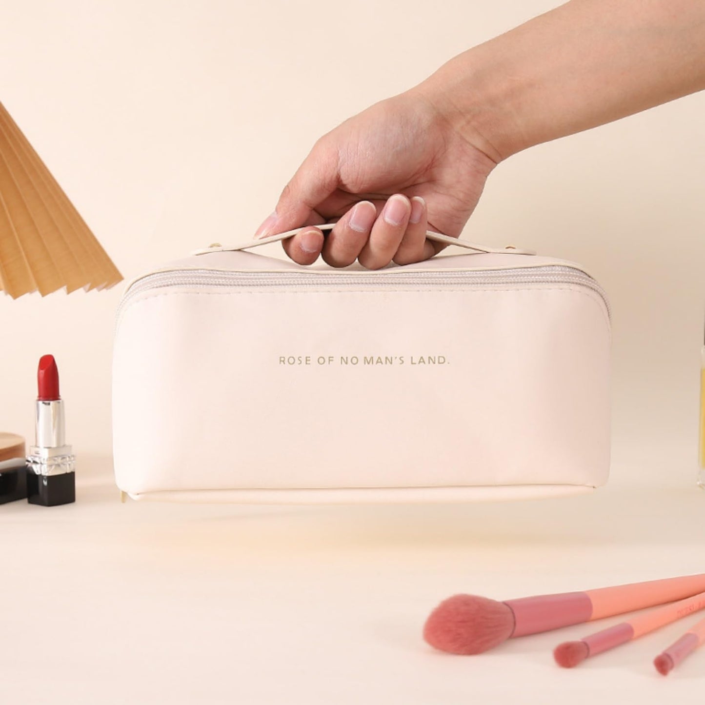 Shonchii Travel Makeup Bag, Large Capacity Cosmetic Bags for Women,Waterproof PU Leather Toiletry Bag,Open Flat Make Up Bag Organizer with Handle