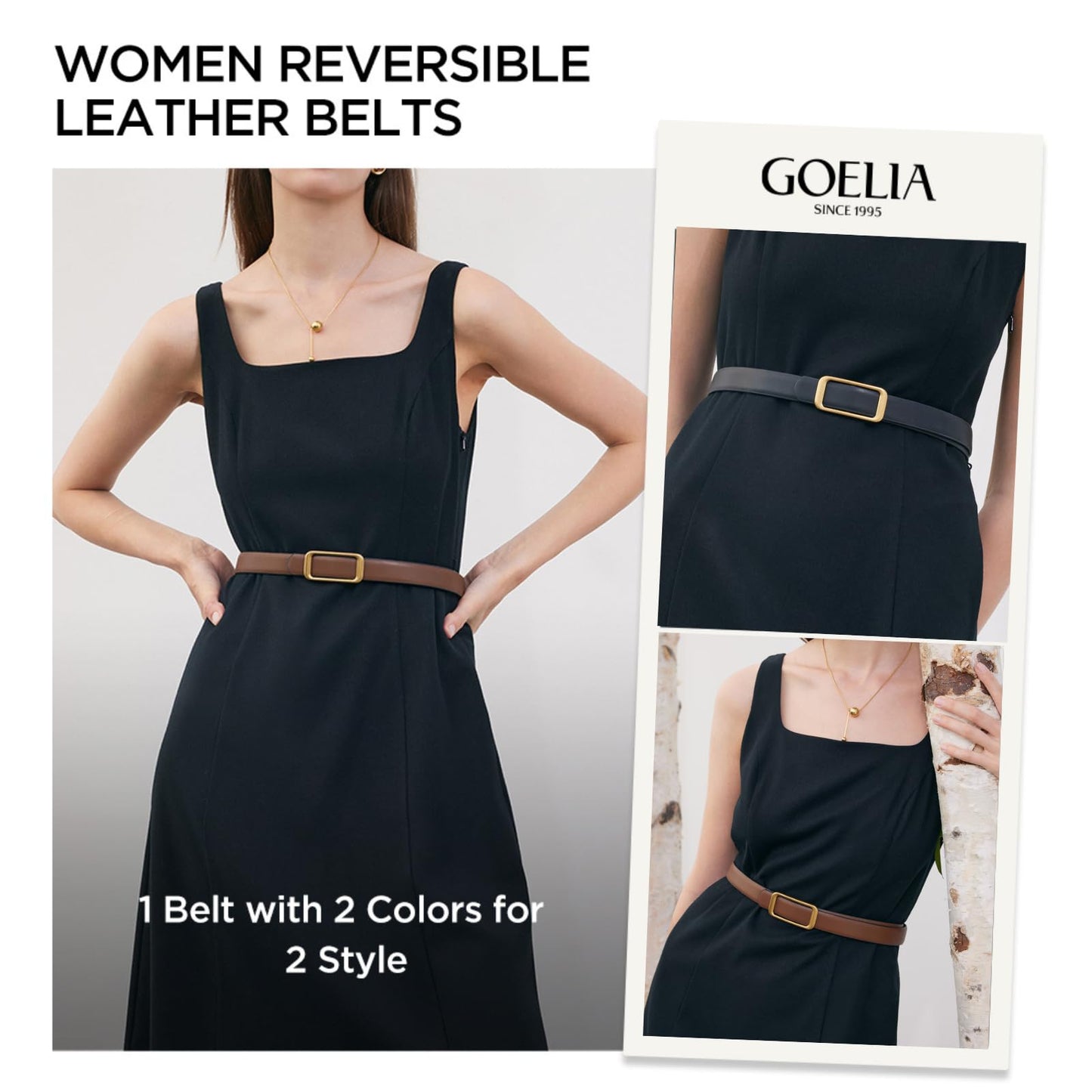 GOELIA Women's Reversible Genuine Leather Belt Thin Fashion Waist Belts for Jeans Pants Dresses with Gold Buckle
