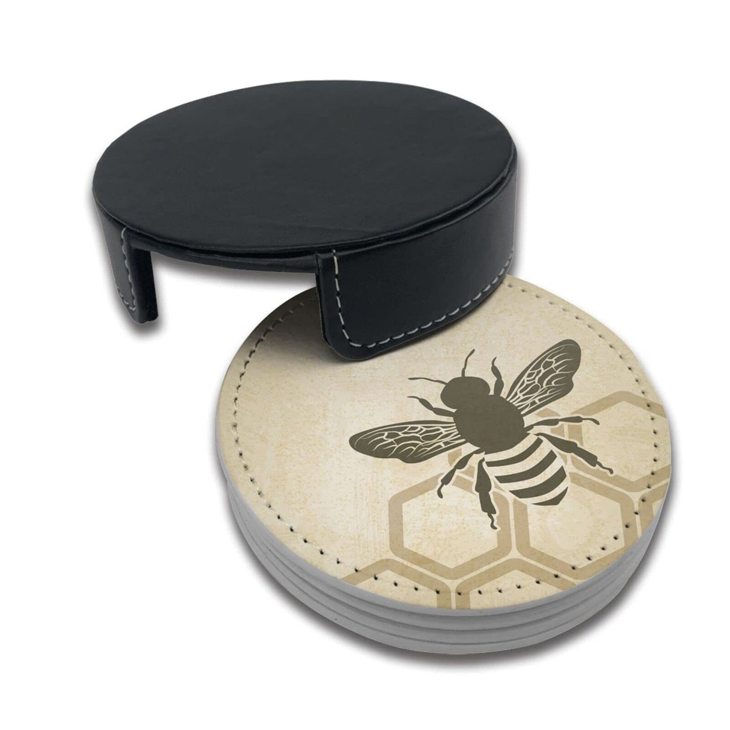 Vintage Bee Leather Drinks Coasters with Holder Set of 6, Suitable for Kinds of Cups