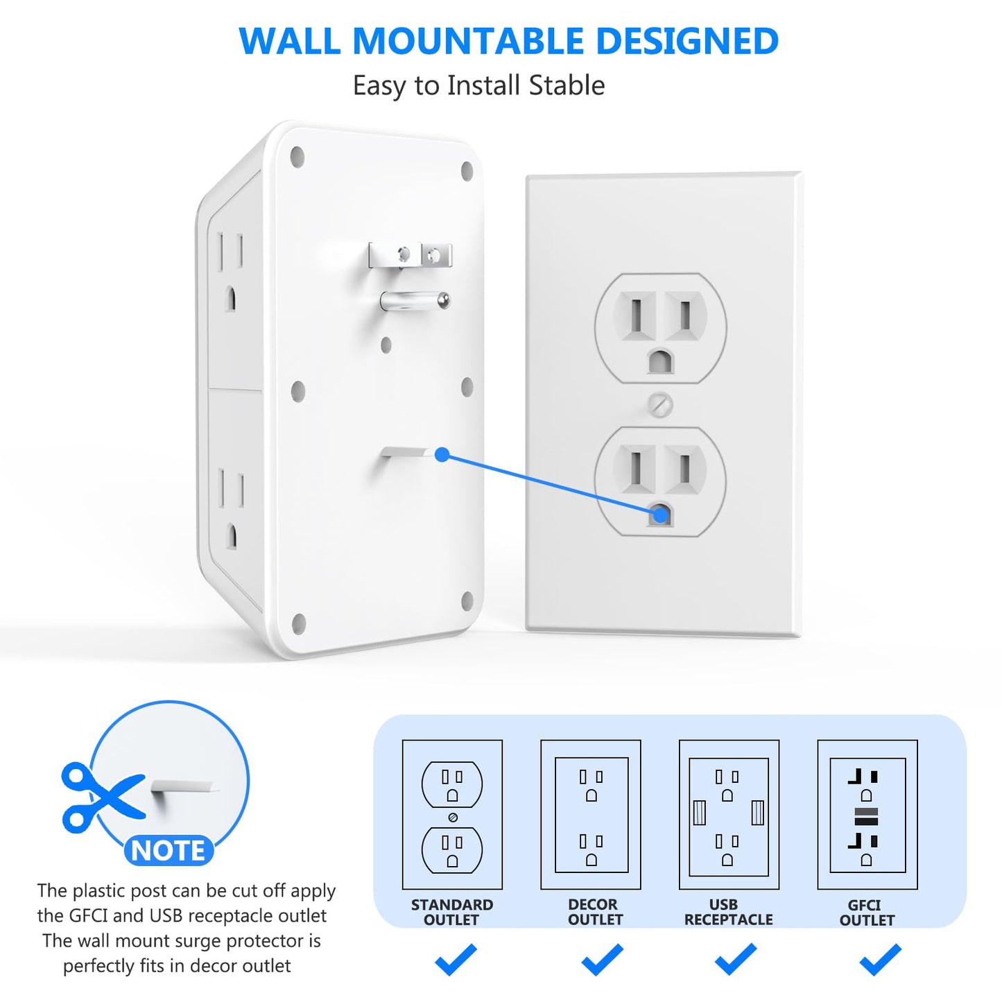 3 Pack Surge Protector Outlet Extender, 6 Outlet Splitter with 4 USB Ports (2 USB C), Multi Plug Wall Outlet 1050J Power Strip, USB Wall Charger for Home Office Kitchen Travel