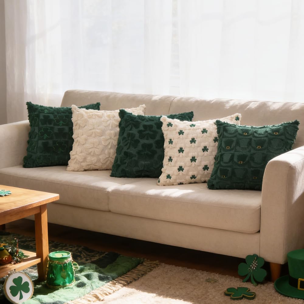 Heirloom Haven St Patrick’s Day Pillow Covers Set of 2,Green Shamrock Irish Soft Plush Faux Fur Jacquard Throw Pillows Decorations for Bedroom Sofa Holiday Festivals Home Decor 18x18 inch