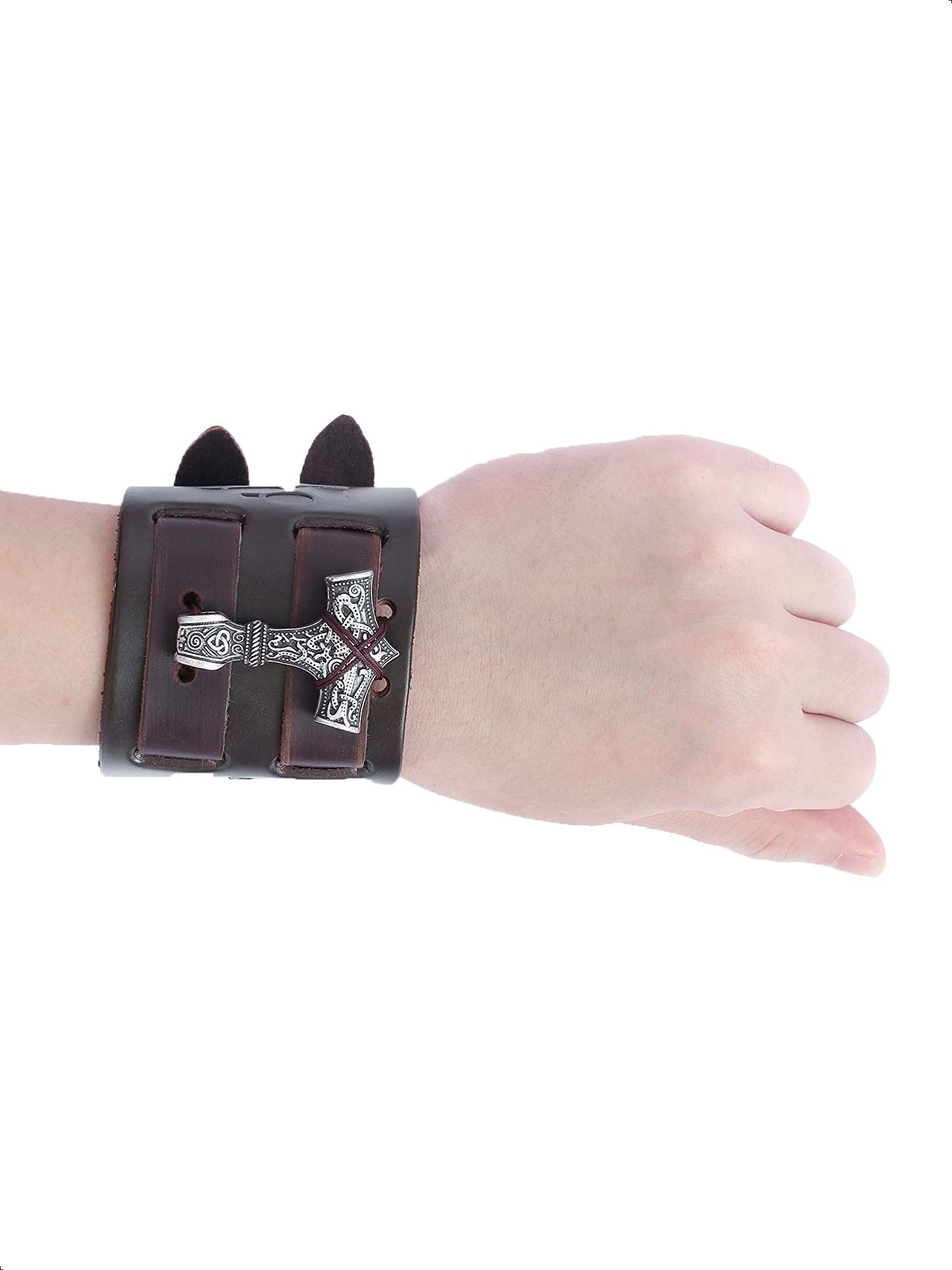 HAQUIL Viking Bracelet for Men, Viking Mjolnir Pendant, Nordic Brown Wide Leather Wristband, NorseJewelry Men