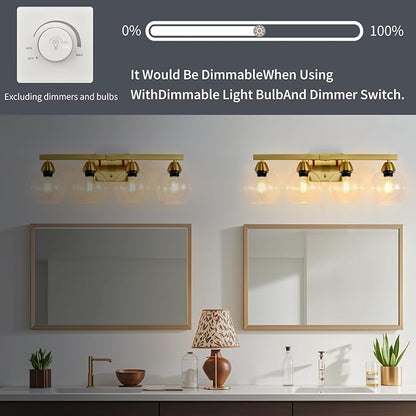 4-Light Bathroom Vanity Light, Gold Wall Sconce with Premium Hand-Crafted Glass Shades, Shatter-Resistant & Few Imperfections, Ideal for Mirror, Kitchen, Living Room