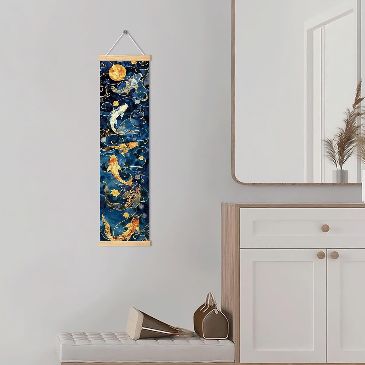 Koi Fish Porch Banner, Celestial Pond Vertical Door Banner, Moon Star Hanging Wall Decor for Front Door Entryway Bedroom Office Dorm, Housewarming Gifts