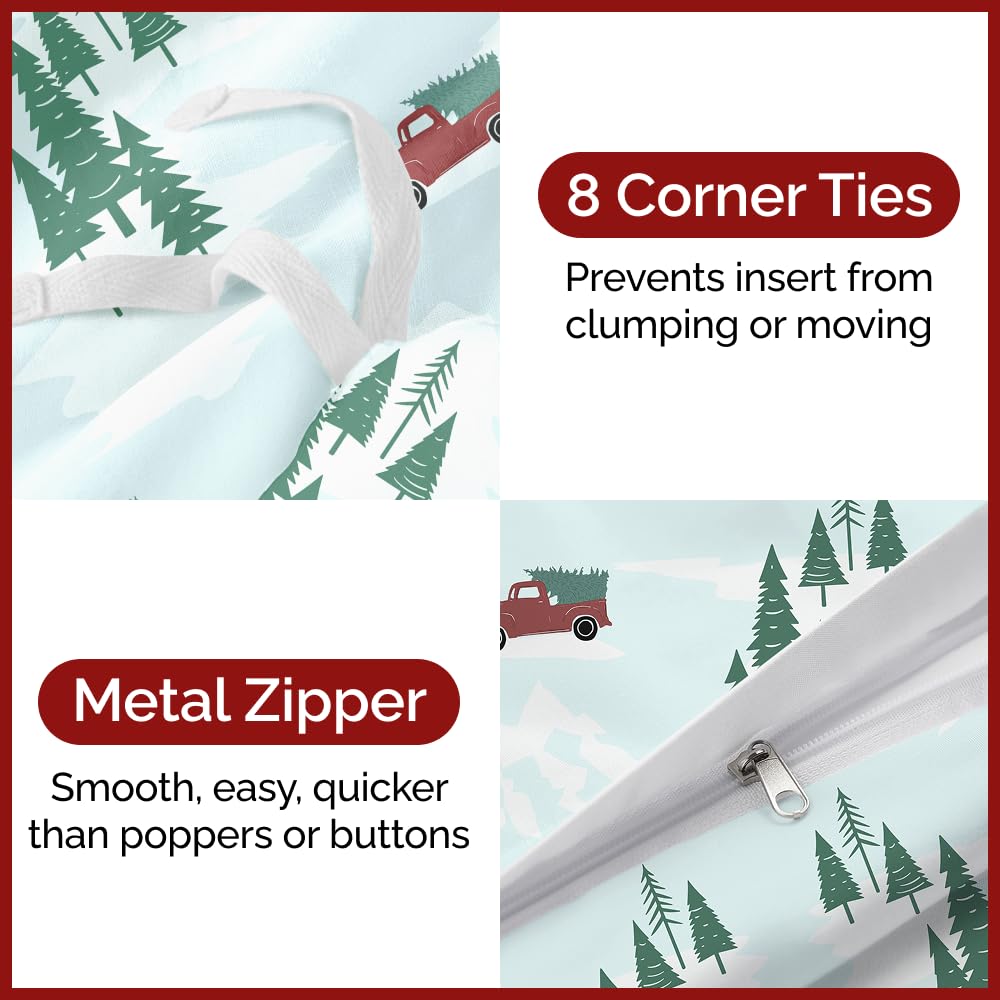 Christmas Duvet Cover Queen Size Set - Extra Soft Queen Duvet Cover with 2 Pillow Shams - Holiday Xmas Bedding w/ Zipper Closures & Ties - Comfy, Cozy Breathable Bed Set - 90 x 90, Christmas Tree Cars