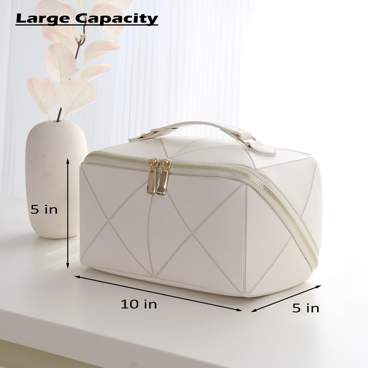 IMCUZUR Travel Makeup Bag Large Cosmetic Bag for Women, Open Flat Make up Bag Portable Skincare Bag with Handle (White)