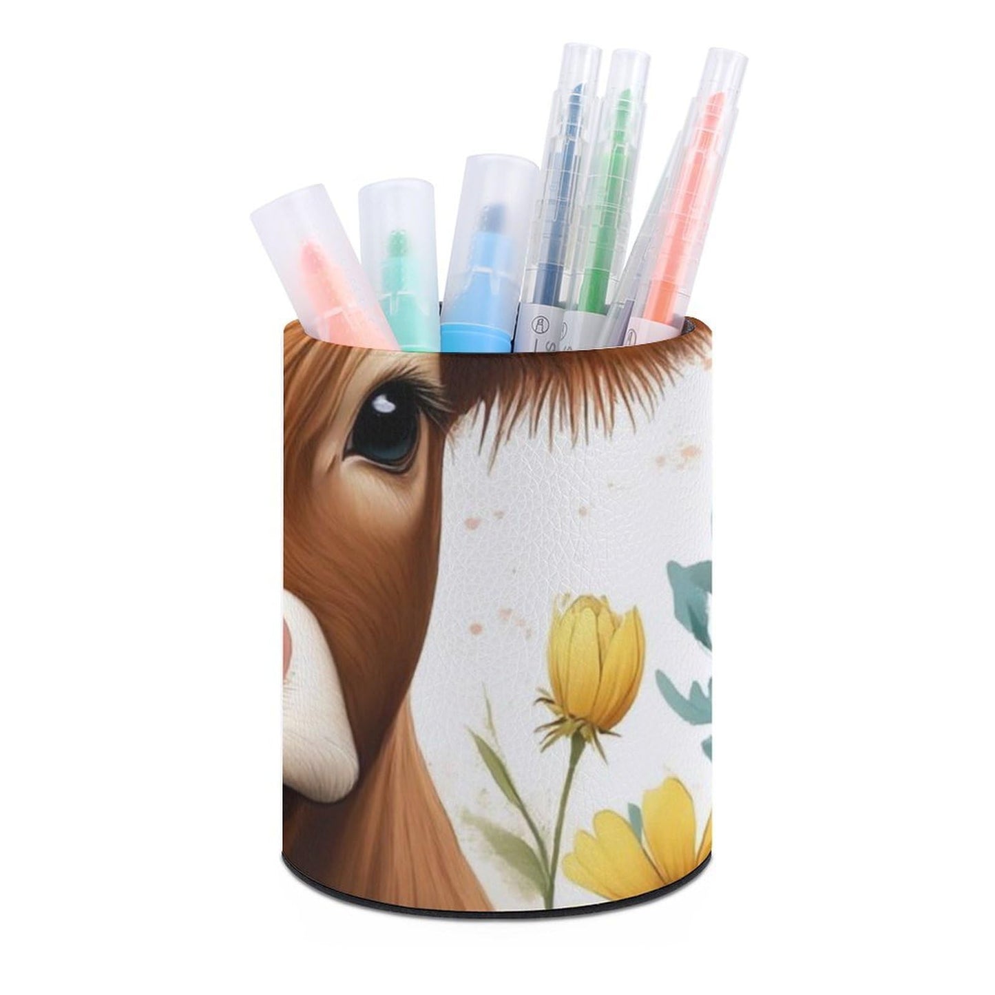 UTRSIFB Pen Holder Leather Pencil, Holder Cup Makeup Brush Storage Organizer, Waterproof Multifunctional Office Supplies Cute Highland Cow