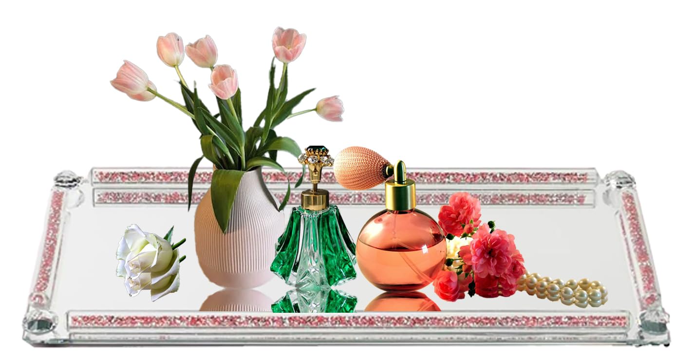 Crystal Mirror Tray, Crystal Glass Perfume Tray for Dresser Cosmetic Trinket Jewelry Vanity Trays for Display Crushed Diamond Home Decor Serving Trays for Bathroom Countertop Organizer (Rose Red)