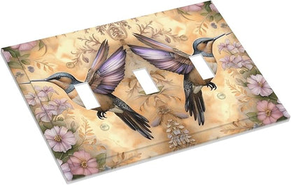 Decorative Art Light Switch Covers Blossom & Hummingbird 3 Gang Triple Toggle Wall Plate Decorative Switch plate Electrical Faceplate for Home Decor