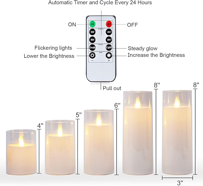 Homemory Pure White Flickering Flameless Candles, Battery Operated Acrylic LED Pillar Candles with Remote Control and Timer, Set of 5