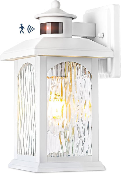 Motion Sensor Outdoor Wall Sconce, White Dusk to Dawn Motion Sensor Lighting, Smart & Waterproof Wall Lights & Exterior Light Fixture, Porch Lights with Rippled Glass for Garage House