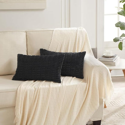 Fancy Homi Black Decorative Throw Pillow Covers 14x24 Inch for Living Room Couch Bed Sofa, Rustic Farmhouse Boho Home Decor, Soft Striped Corduroy Square Cushion Case 35x60 cm