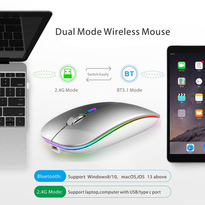TENMOS Wireless Bluetooth Mouse, LED Slim (Bluetooth 5.1/5.0 + USB) 2.4GHz Rechargeable Silent Bluetooth Wireless Mouse with Type C Adapter for Laptop/MacBook/iPad OS 13 and Above (Matte Black)