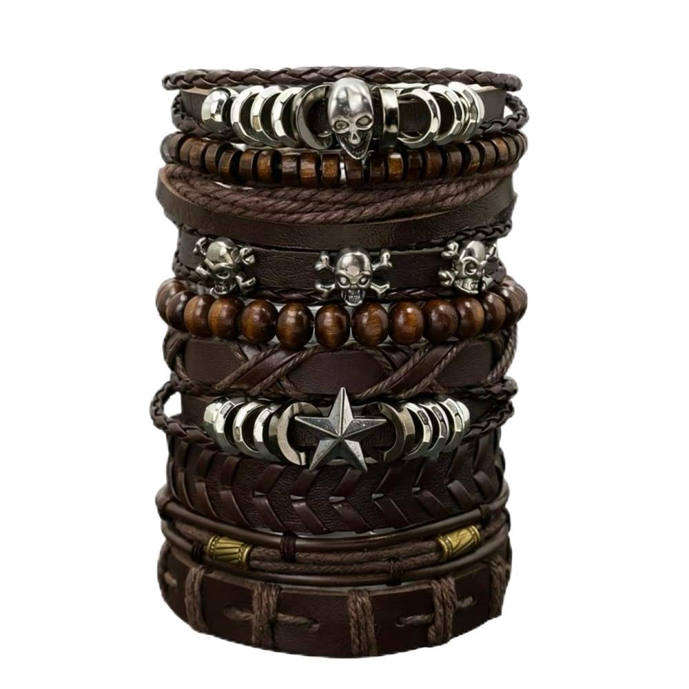 Aijewelop 10pcs/set Men's Brown Multi-layer Punk Style Bracelet Beaded Skull Head Hip-hop Bracelet Set Pu Leather Cuff Jewelry Gift
