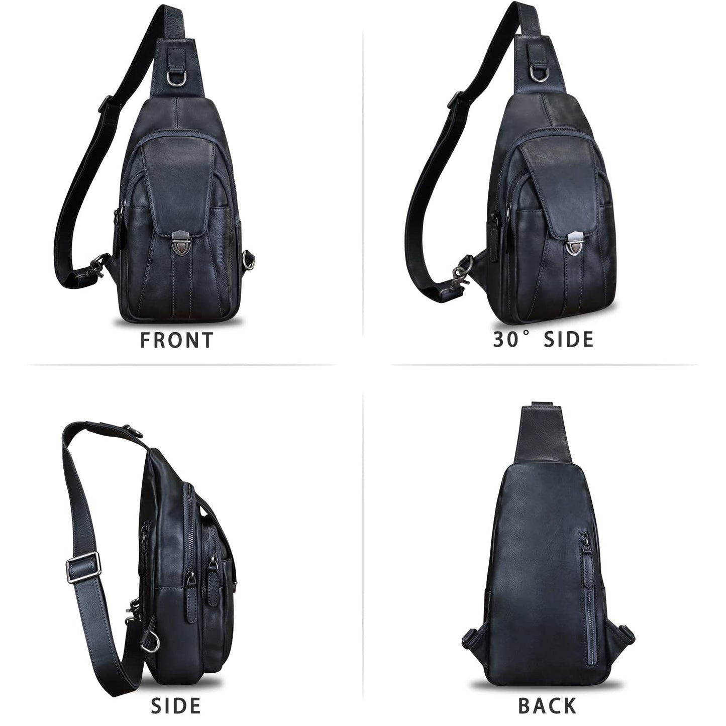 LRTO Genuine Leather Sling Bag for Women and Man Handmade Retro Hiking Crossbody Backpack Purse Chest Shoulder Daypack (Black)