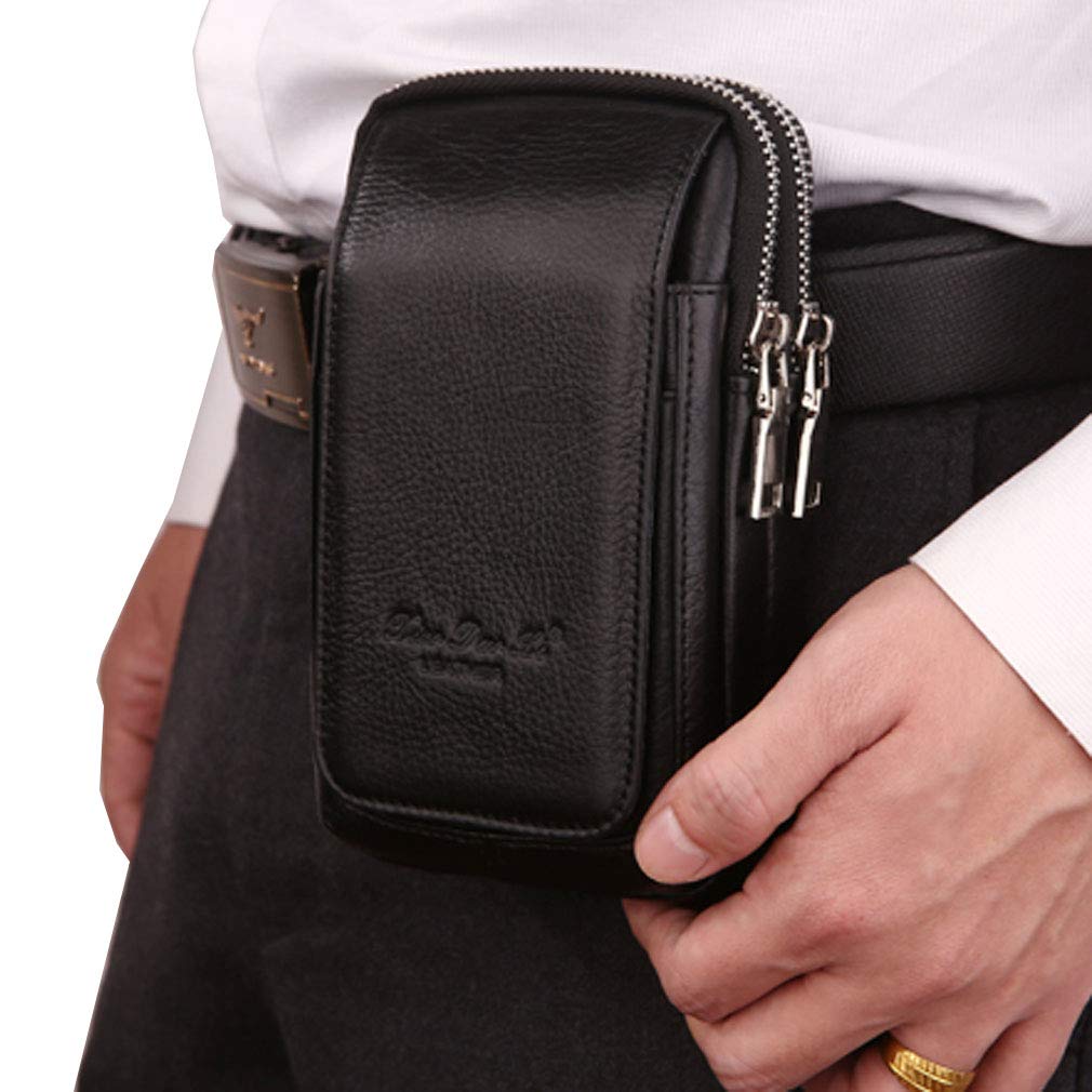Leather Waist Pack Phone Belt Bag for Men Loop Holster Wallet Cellphone Case Pouch Pack Clip Money Purse for Phone Note Edge Plus (Black)