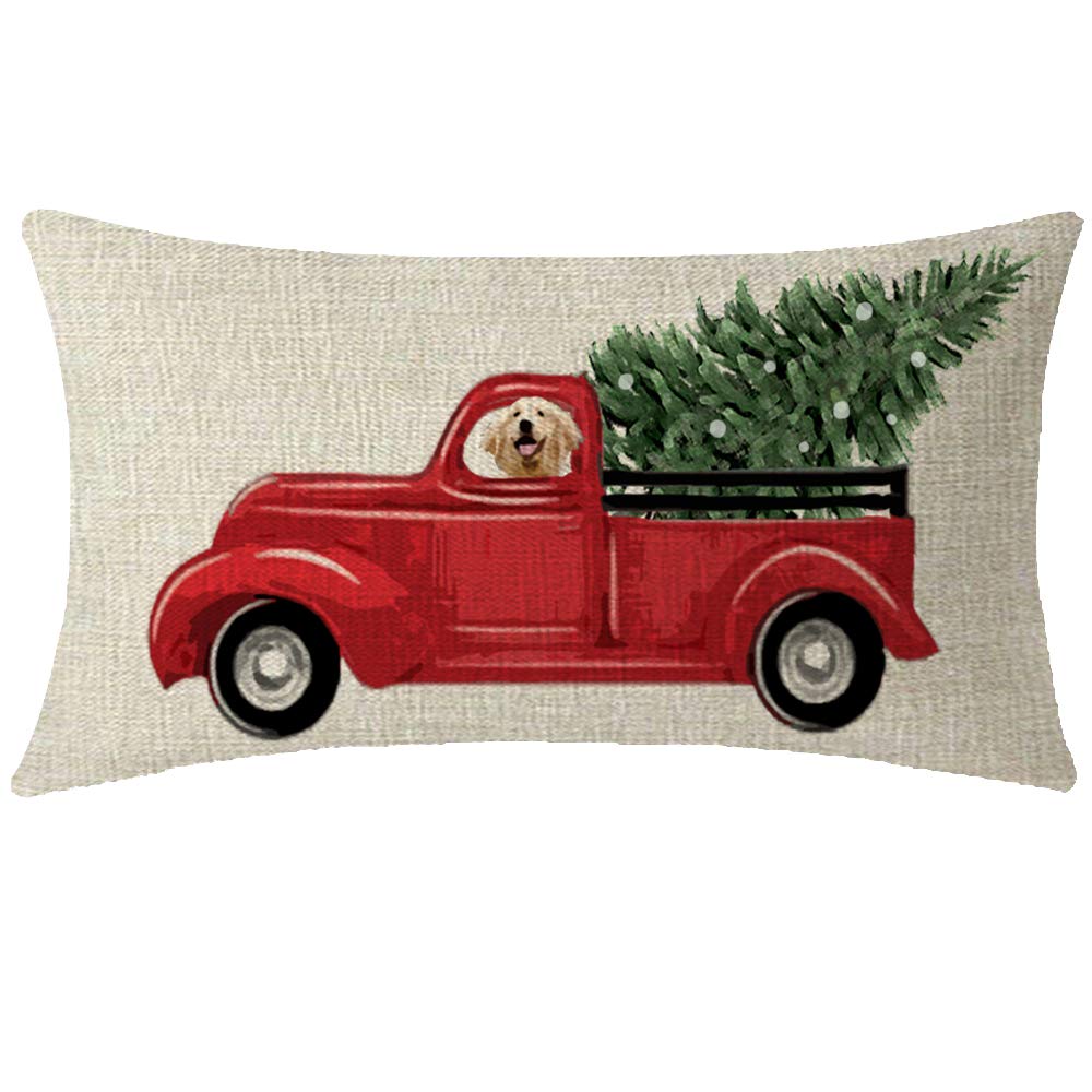 Andreannie Gift Merry Christmas Red Pickup Truck with Christmas Tree and Dog Cotton Linen Decorative Lumbar Throw Pillow Case Cushion Cover (Beige/Red
