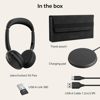 Jabra Evolve2 65 Flex Stereo Headset with Bluetooth, Wireless Charging Pad - Noise-Cancelling ClearVoice Technology & Hybrid Active Noise Cancellation - Certified for Microsoft Teams - Black