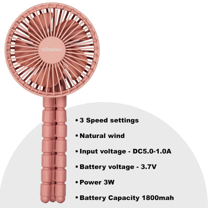 Schallen Rechargeable 4 Way Portable Lightweight Fan for Pram Fan, Car Seat, Desk, Office, Travel Fans | Clip on, Handheld, Tripod & Phone Holder (Pink)
