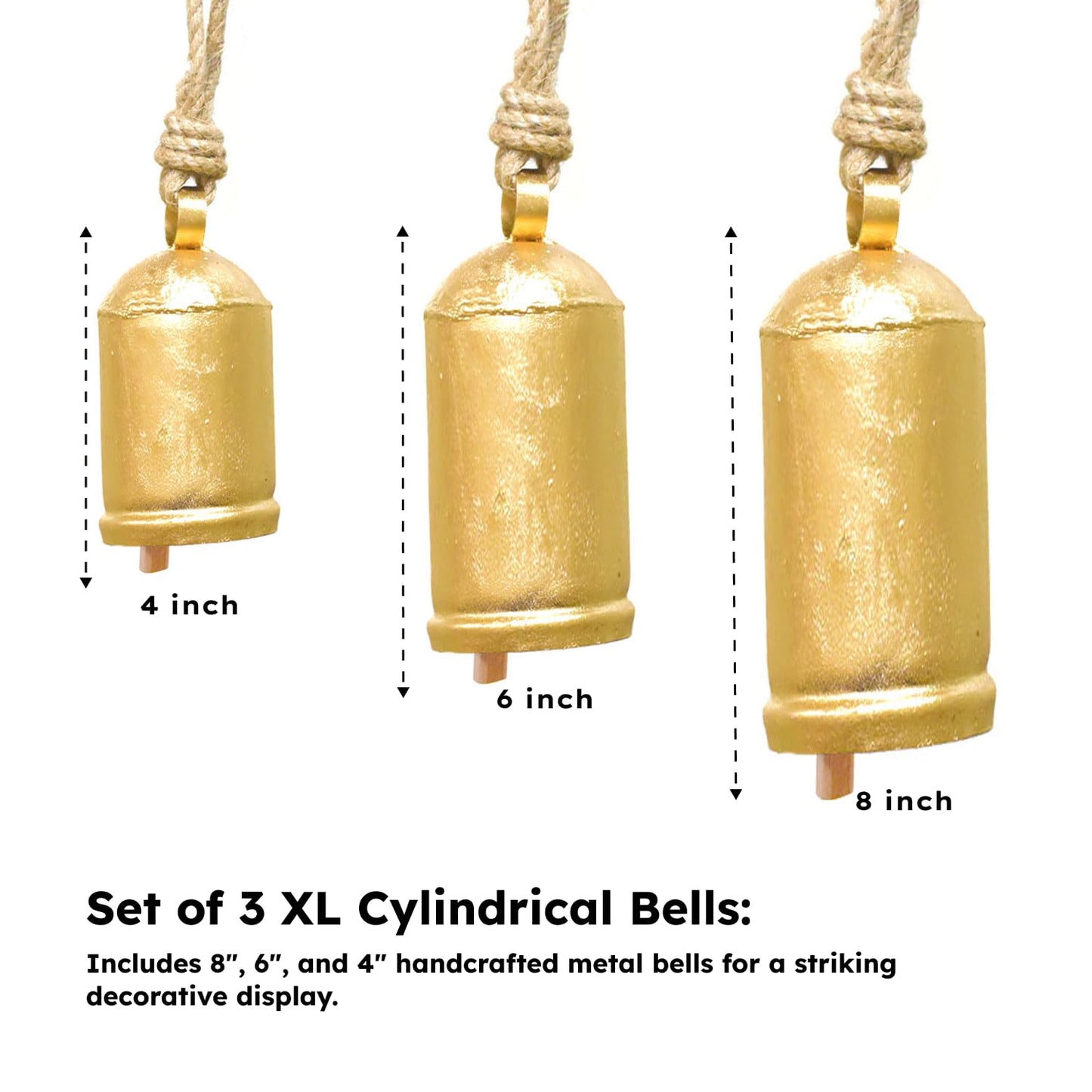 Christmas Hanging Large Cow Bells – Set of 3 (8” 6”4” Inch) | Rustic Golden Metal Bells for Farmhouse, Garden & Holiday Décor