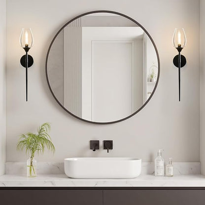 Black Glass Wall Sconce Light: Modern Decorative Sconces Lights Over Mirror - Vintage Brushed Brass Bathroom Vanity Lighting with Flower Shade - Indoor Glass Wall Mount Lamp for Bedroom Living Room
