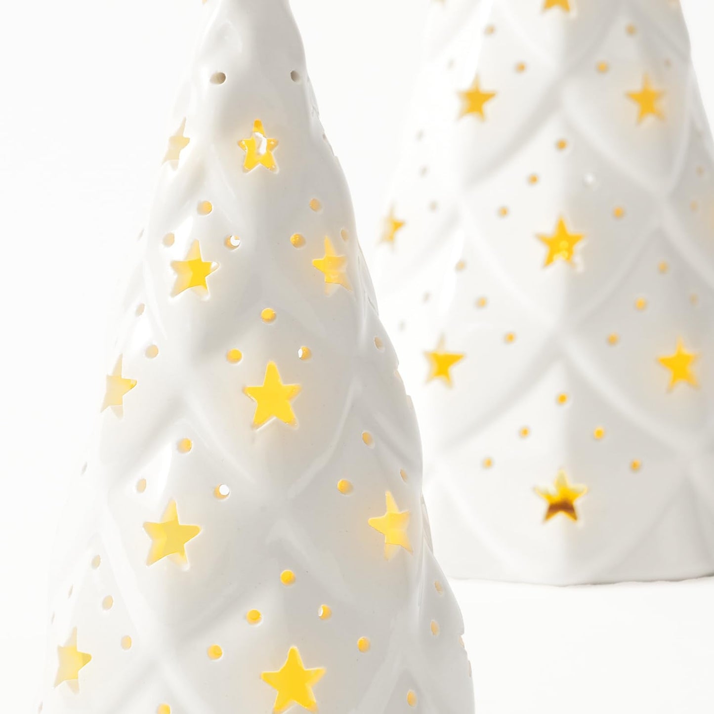 DN DECONATION Ceramic Christmas Trees Light Up White, 2Pcs Christmas Tree Lighted, Xmas Small Tree with Lights, Christmas Tree Figurines for Tabletop Fireplace Home Centerpieces Decoration