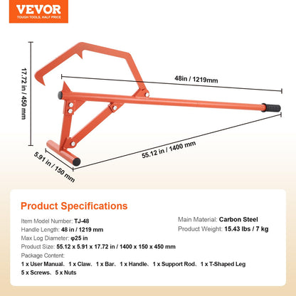 VEVOR 48" Timberjack Log Lifter, Adjustable Heavy Duty Log Roller Cant Hook, Log Jack with Rubber Grip & Triangular Support, Log Cant Hook Logging Tools for Rolling and Lifting Logs up to 25" Dia