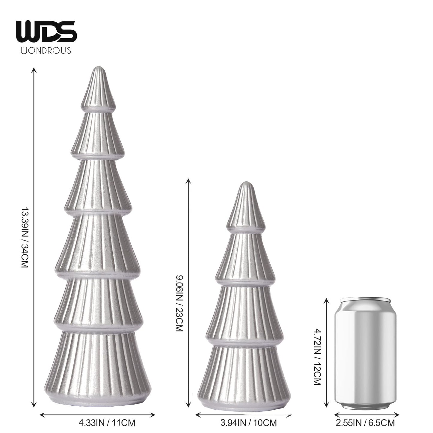 WONDROUS' DECO Wooden Christmas Tree Figurine, Tabletop Silver Tree Figurine, Set of 2 Desk Centerpieces for Christmas Decor