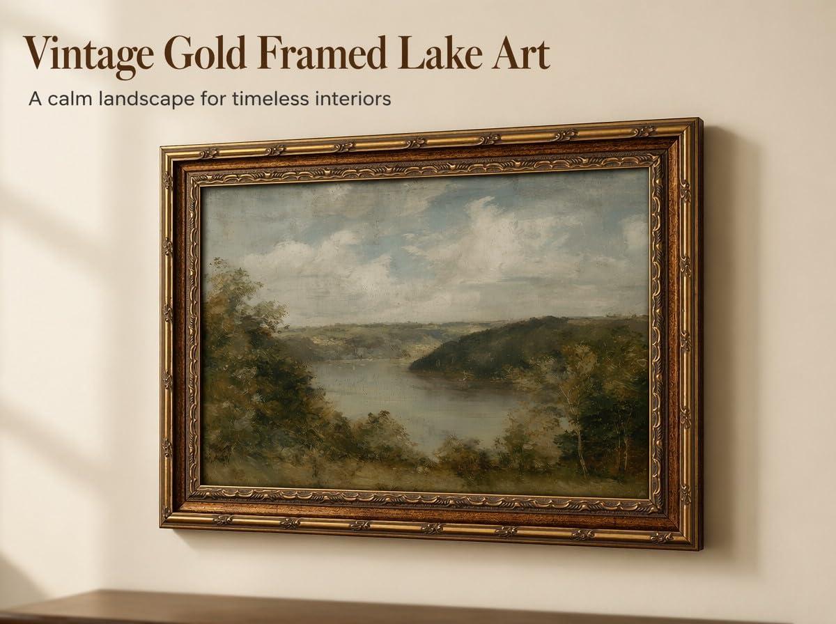 KKP Vintage Gold Framed Lake Wall Art, Gloomy River Painting Canvas Prints